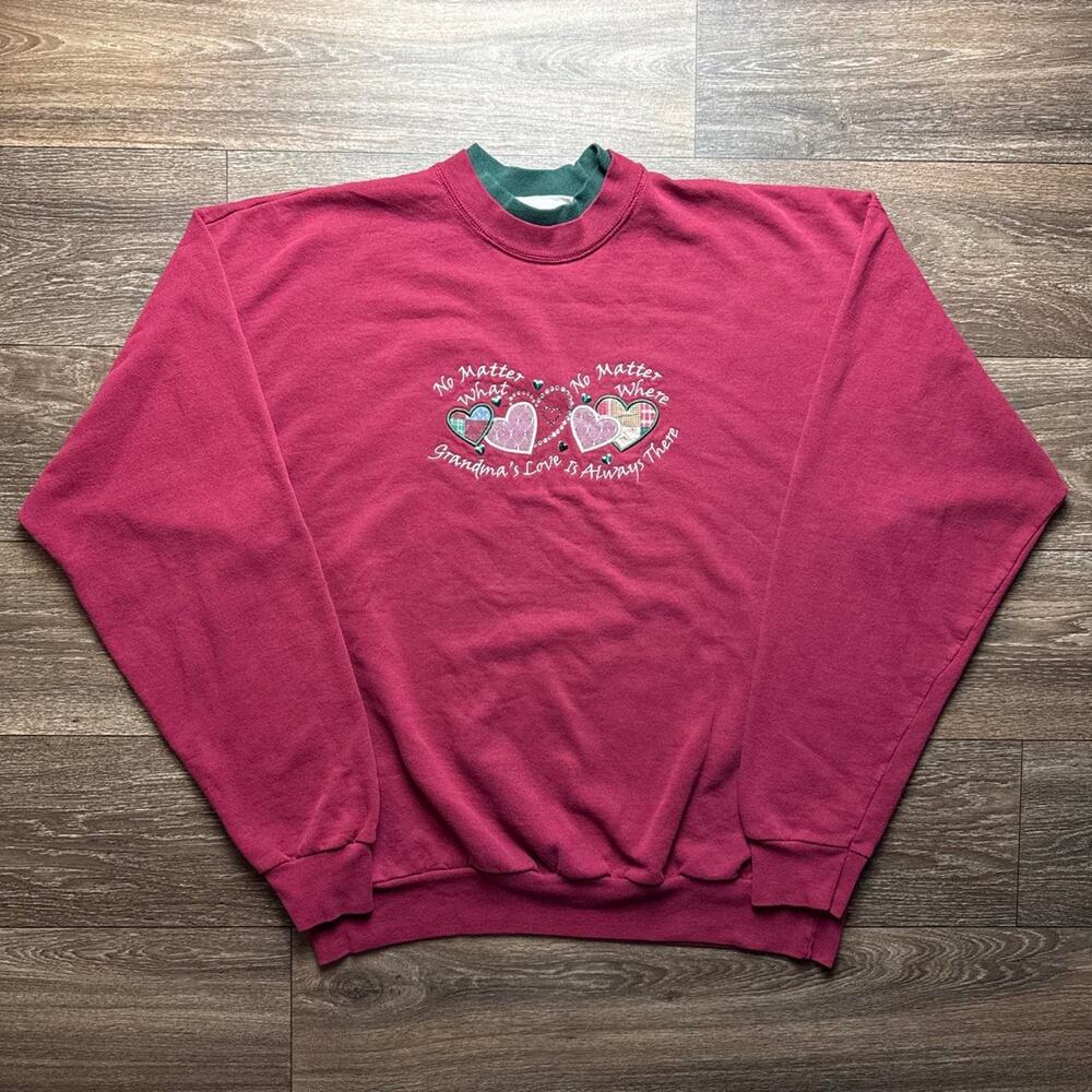 Vintage Burgundy Crewneck Sweatshirt; Bedazzled/Embroidered Graphic